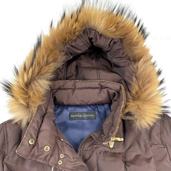 Dana Buchman Brown Down Filled Puffer Jacket Genuine Fur Lined Hooded Size Small - Picture 4 of 15